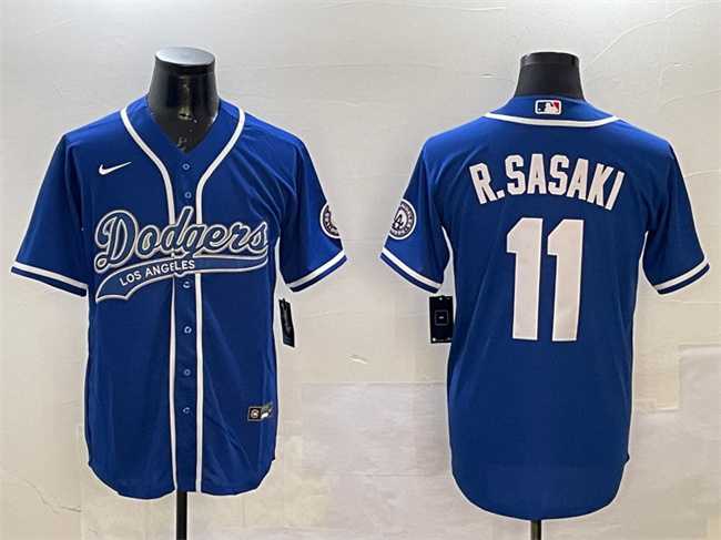 Mens Los Angeles Dodgers #11 Roki Sasaki Royal With Patch Cool Base Stitched Jersey